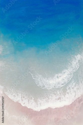 Resin art, beach, background. blue sea with white foam and light beige sand. Horizontal painting 