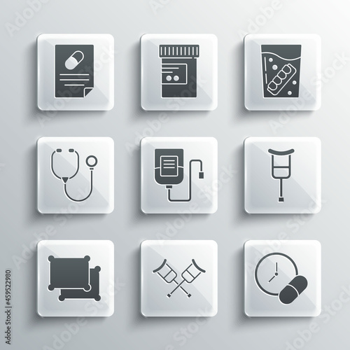 Set Crutch or crutches, Medicine pill tablet, IV bag, Pillow, Stethoscope, Medical prescription and False jaw glass icon. Vector