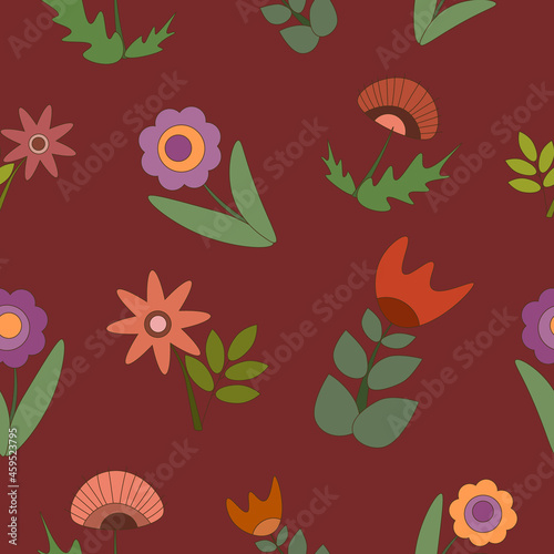 Vector flat style flower pattern on red background. Colorful seamless pattern with separate flowers.
