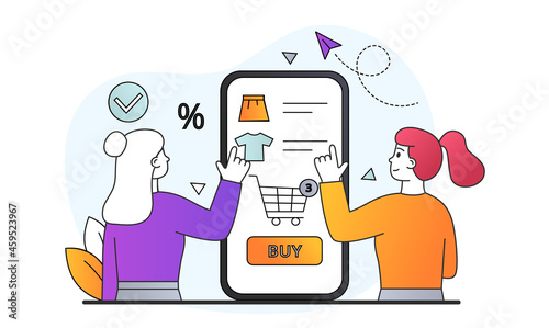 Online shopping concept. Women stand next to large smartphone and choose products to buy. Characters order clothes. Shopping App. Cartoon doodle flat vector illustration isolated on white background