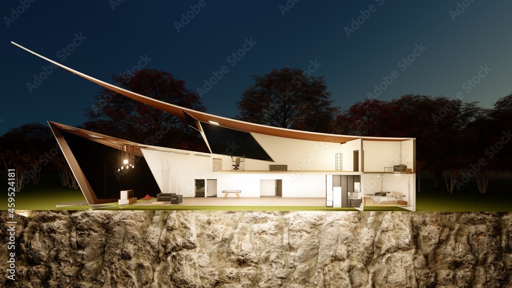 three dimensional sectional illustration of a house with lights at night