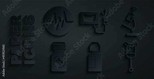 Set Eye drop bottle, Microscope, Medicine and pills, Crutch or crutches, Ultrasound and Heart rate icon. Vector
