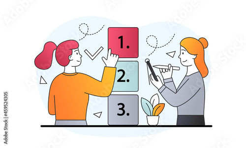 Task management concept. Woman sets priorities and makes list of things to do. Employees manage their working time competently. Cartoon doodle flat vector illustration isolated on white background