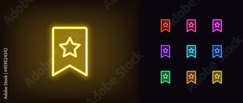 Outline neon bookmark icon with star. Glowing neon bookmark sign, favorites pictogram in vivid colors photo