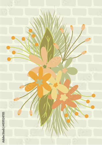 Ilustración vectorial ramo de flores y hojas de palmera sobre fondo de ladrillos, en tonalidades naranjas, verdes y amarillos para aplicar sobre cualquier recurso gráfico, textil, elementos, objetos.