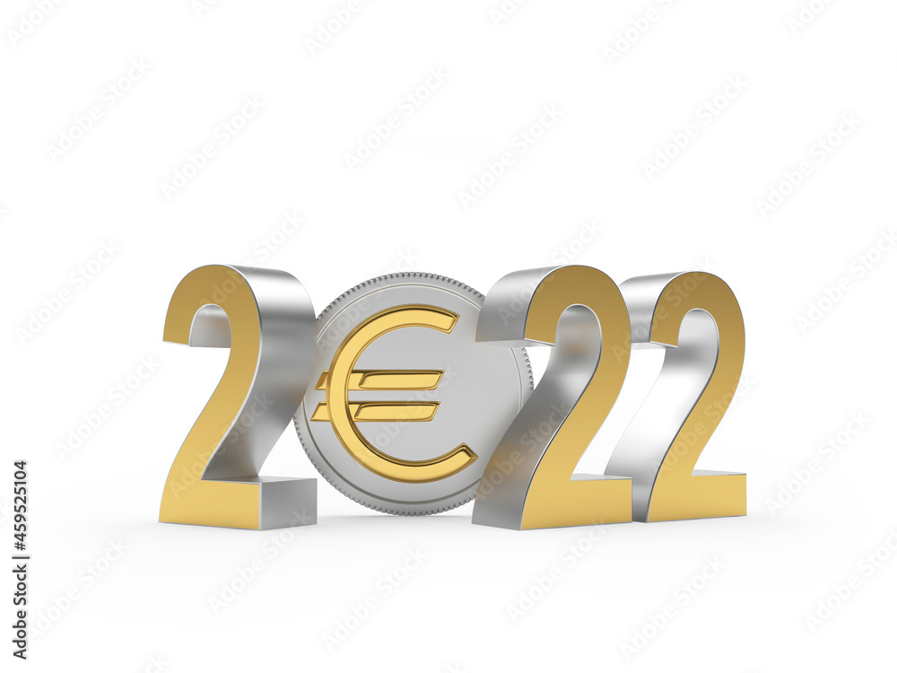 Number 2022 with euro coin isolated on white background. 3D illustration Number 2022 with euro coin isolated on white background. 3D illustration