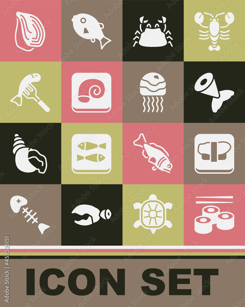 Set Sushi, on cutting board, Fish tail, Crab, Octopus plate, Served fish, Mussel and Jellyfish icon. Vector Set Sushi, on cutting board, Fish tail, Crab, Octopus plate, Served fish, Mussel and Jellyfish icon. Vector