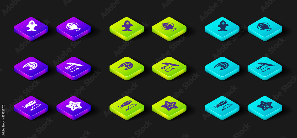 Set Fish with sliced pieces, Starfish, steak, Fishing harpoon, and Shark icon. Vector Set Fish with sliced pieces, Starfish, steak, Fishing harpoon, and Shark icon. Vector