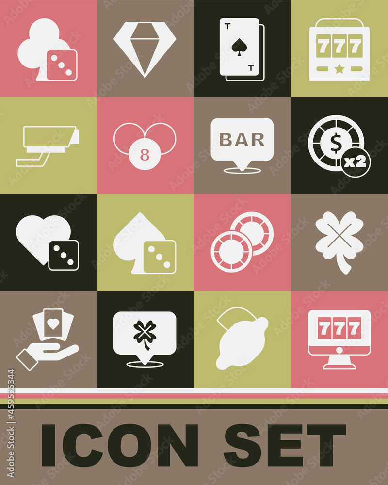 Set Online slot machine with jackpot, Casino clover, chips, Playing card spades, Lottery ball on bingo, Security camera, Game dice and Alcohol bar location icon. Vector Set Online slot machine with jackpot, Casino clover, chips, Playing card spades, Lottery ball on bingo, Security camera, Game dice and Alcohol bar location icon. Vector