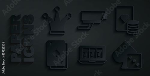 Set Online slot machine with jackpot, Casino chip and playing cards, Playing spades, Game dice, Security camera and Joker icon. Vector