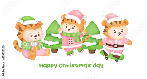 Christmas and new year greeting card with a cute tigers.