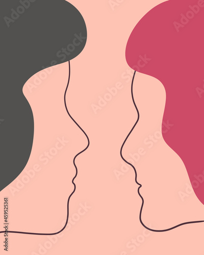 Twee gezichten abstract een ononderbroken lijn portret op een roze-beige achtergrond. Moderne minimalistische stijl illustratie voor posters, t-shirts prints, avatars, pstcard en brochure. Liefhebbers, romantisch