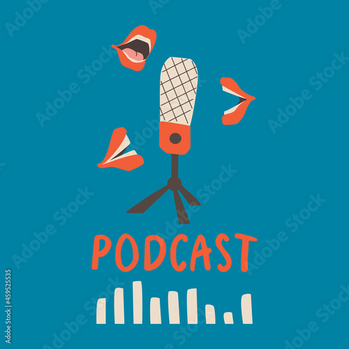 Podcast cover. Microphone and speaking mouths on a blue background. Vector trendy design.
