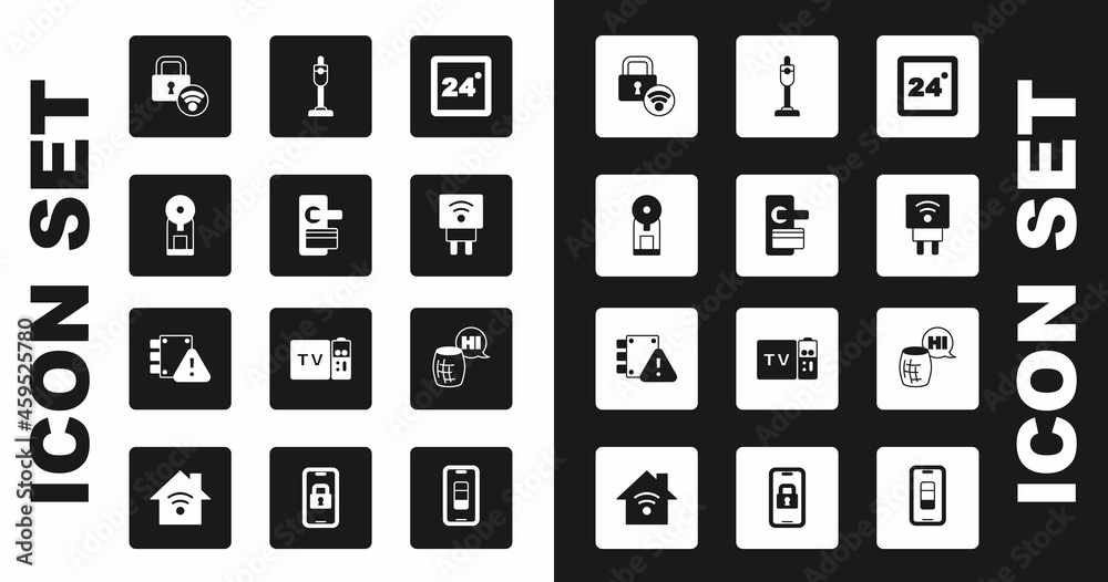 Set Thermostat, Digital door lock, Smart coffee machine, electric plug, Vacuum cleaner, Voice assistant and House under protection icon. Vector Set Thermostat, Digital door lock, Smart coffee machine, electric plug, Vacuum cleaner, Voice assistant and House under protection icon. Vector