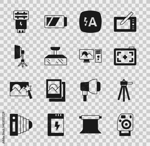 Set Photo camera, Tripod, Auto flash, Softbox light, and retouching icon. Vector