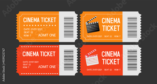 Cinema tickets. Set of tickets to the cinema. Movie ticket template with clapperboard and the inscription "Cinema Ticket" and details. Vector illustration.