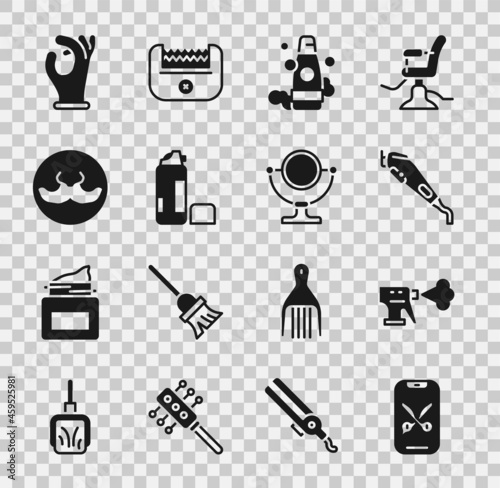 Set Barber online service or platform, Electrical hair clipper, Bottle of shampoo, Shaving gel foam, Mustache, Medical rubber gloves and Round makeup mirror icon. Vector