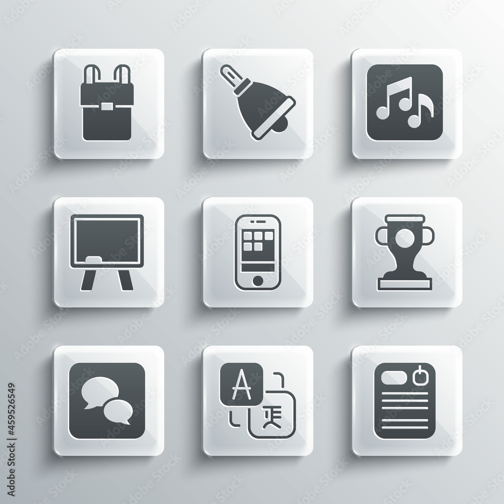 Set Translator, Dossier folder, Award cup, Smartphone, Speech bubble chat, Chalkboard, School backpack and Music note, tone icon. Vector Set Translator, Dossier folder, Award cup, Smartphone, Speech bubble chat, Chalkboard, School backpack and Music note, tone icon. Vector