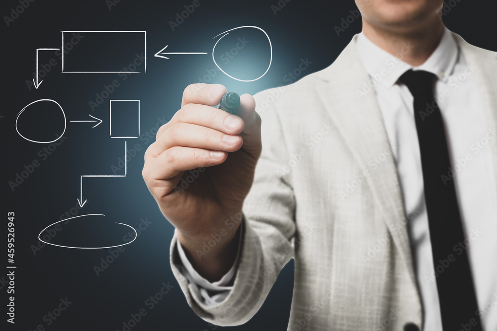 Man pointing at flowchart on virtual screen against dark background, closeup. Business process Man pointing at flowchart on virtual screen against dark background, closeup. Business process