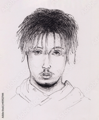  Jarad Higgins sketch portrait. Popular rap singer Juice WRLD ink drawing. Vertical artwork. Famous artist portrait painting. Young rapper hand drawn illustration. photo