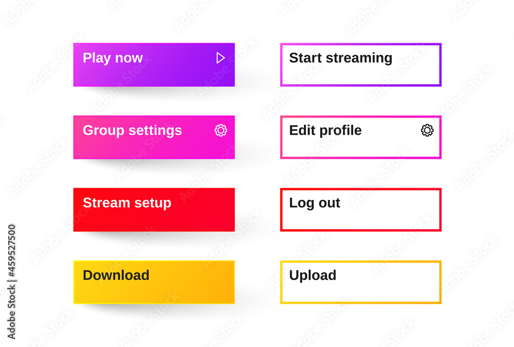 Set of Modern Gradient App, Website page or Game Buttons. Trendy gradient colors. Flat design. Set of Modern Gradient App, Website page or Game Buttons. Trendy gradient colors. Flat design.