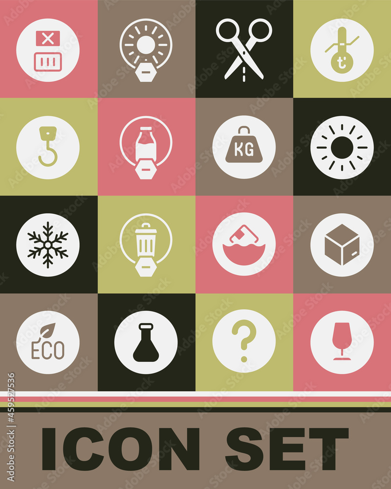 Set Fragile broken glass, Carton cardboard box, Sun, Scissors with cut line, Lactose free, Industrial hook, Temperature wash and Weight icon. Vector Set Fragile broken glass, Carton cardboard box, Sun, Scissors with cut line, Lactose free, Industrial hook, Temperature wash and Weight icon. Vector