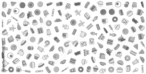 Grayscale Set of Fast Food or Street Food Related Background. Vector.