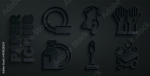 Set Vacuum cleaner, Rubber gloves, Dishwashing liquid bottle, Bar of soap, Sponge and Washing dishes icon. Vector