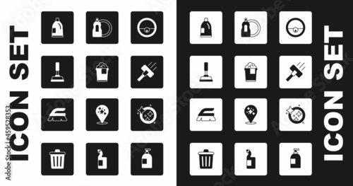 Set Robot vacuum cleaner, Bucket with foam, Rubber plunger, Bottle for cleaning agent, Vacuum, Dishwashing liquid bottle, Washing dishes and Brush icon. Vector