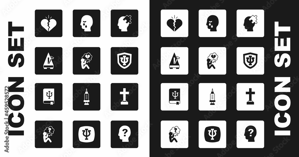 Set Solution to the problem, Broken heart or divorce, Metronome with pendulum, Psychology, Psi, Man graves funeral sorrow, Graves and book, icon. Vector Set Solution to the problem, Broken heart or divorce, Metronome with pendulum, Psychology, Psi, Man graves funeral sorrow, Graves and book, icon. Vector