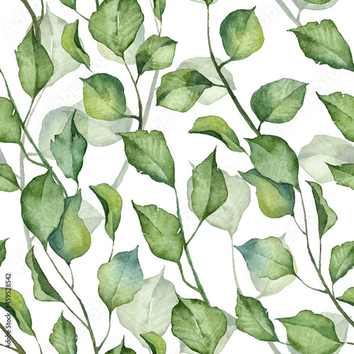 Square seamless pattern with watercolor botany green leaves on twigs. Hand painted botanical garden on white background. Wrapping paper