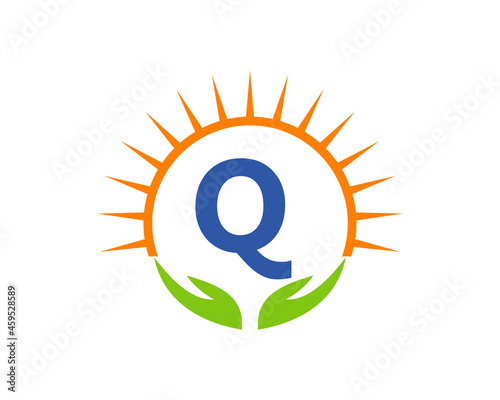 Charity Logo With Hand, Sun And Q Letter Concept. Letter Q Charity Logo Template Donation Organization Logotype Vector