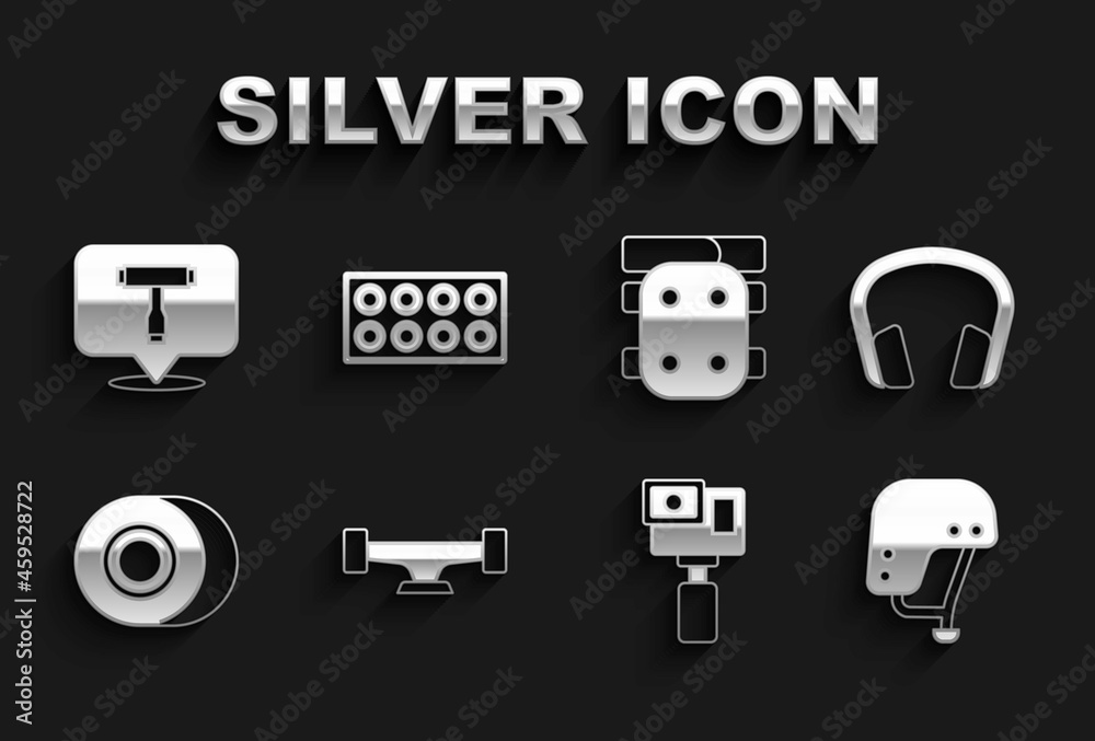 Set Skateboard wheel, Headphones, helmet, Action camera, Knee pads, T tool and icon. Vector