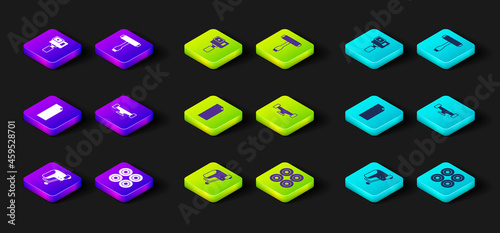 Set Skateboard helmet, wheel, Grip tape on skateboard, T tool and Action camera icon. Vector