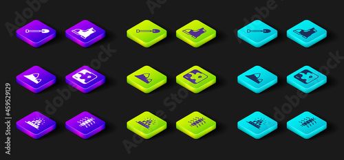 Set Chichen Itza in Mayan, Centipede insect, Mountains, Africa safari map, Hunter boots and Shovel icon. Vector