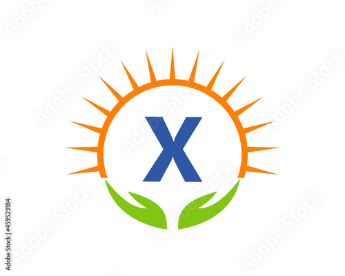 Charity Logo With Hand, Sun And X Letter Concept. Letter X Charity Logo Template Donation Organization Logotype Vector