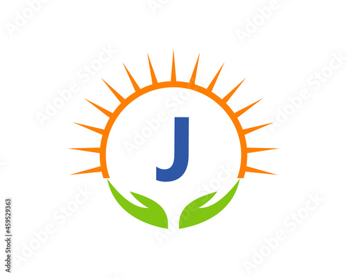Charity Logo With Hand, Sun And J Letter Concept. Letter J Charity Logo Template Donation Organization Logotype Vector