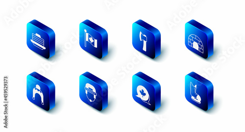 Set Flag of Canada, Wooden axe, Igloo ice house, Skates, Canadian maple leaf, Hockey helmet, Winter hat and Stack pancakes icon. Vector