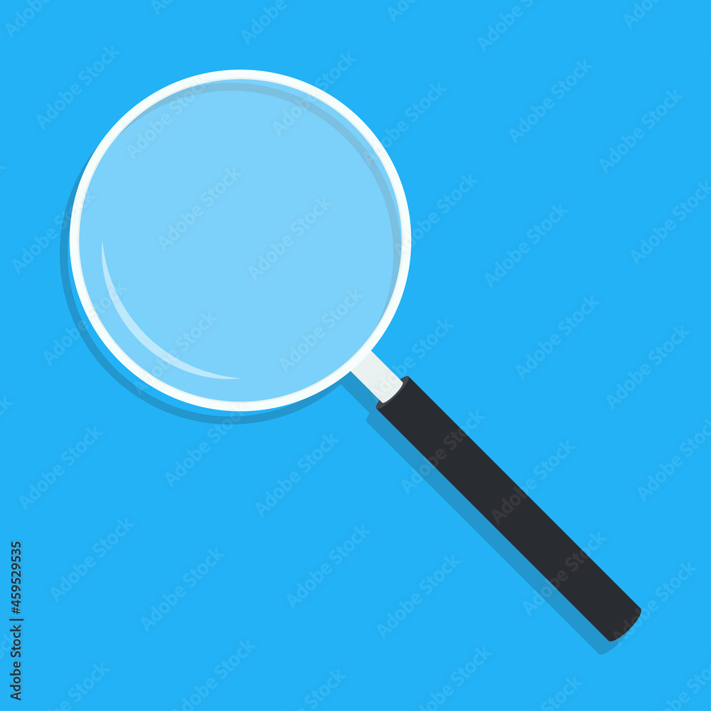 Cartoon magnifying glass with shadow. Magnifier loupe with transparent glass and dark handle. Search and inspection symbol. Business concept. Science or school supplies. Vector illustration Cartoon magnifying glass with shadow. Magnifier loupe with transparent glass and dark handle. Search and inspection symbol. Business concept. Science or school supplies. Vector illustration