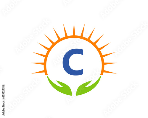 Charity Logo With Hand, Sun And C Letter Concept. Donation Organization Logotype On Letter C Concept