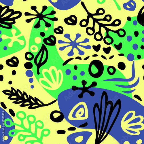 Bright background with doodle symbols. Hawaiian theme, abstraction. Color spots are yellow, green.blue, black. Background for postcards, printing. A vector image. © Rikitikikatya