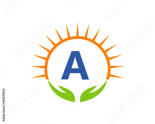 Charity Logo With Hand, Sun And A Letter Concept. Letter A Charity Logo Template Donation Organization Logotype Vector
