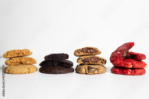 Chocolate chip cookies isolated on white background. Sweet dessert biscuits. Homemade pastry. Red velvet cookies on White Background. Top close shot.