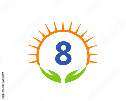 Charity Logo With Hand, Sun And 8 Letter Concept. Donation Organization Logotype On Letter 8 Concept