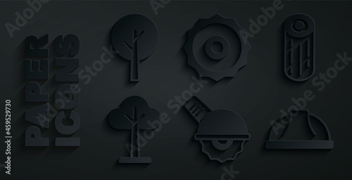 Set Electric circular saw, Wooden logs, Tree, Worker safety helmet, blade and icon. Vector