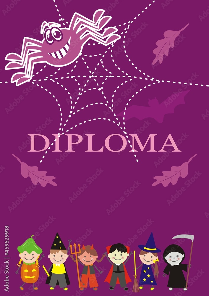 Halloween diploma, group of children, spider, bat and leaves on purple background	