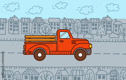 Retro red pickup truck in the city