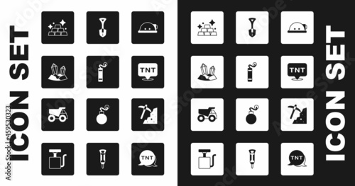 Set Miner helmet, Dynamite, Gem stone, Gold bars, Shovel, Pickaxe and Mining dump truck icon. Vector