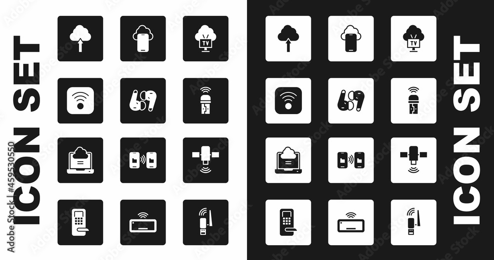 Set Smart Tv, Air headphones, Wi-Fi wireless internet, Cloud upload, Usb adapter, technology data, Satellite and Network cloud connection icon. Vector Set Smart Tv, Air headphones, Wi-Fi wireless internet, Cloud upload, Usb adapter, technology data, Satellite and Network cloud connection icon. Vector