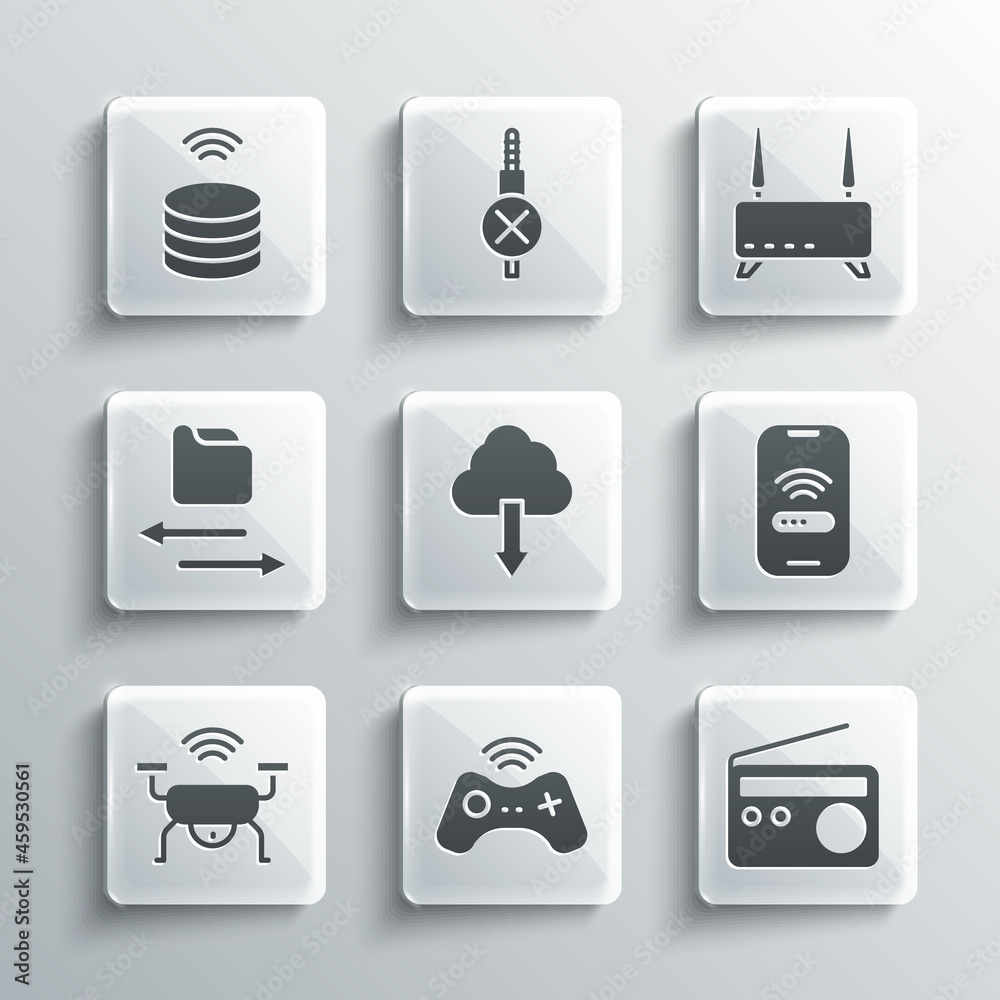 Set Wireless gamepad, Radio, Mobile with wi-fi wireless, Cloud download, Smart drone system, Transfer files, data server and Router and signal icon. Vector Set Wireless gamepad, Radio, Mobile with wi-fi wireless, Cloud download, Smart drone system, Transfer files, data server and Router and signal icon. Vector